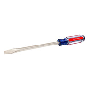 Photo of Craftsman CMHT65026 flathead screwdriver with a clear blue and red handle on white background, side view.