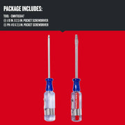 Photo of Craftsman CMHT65047 pocket screwdriver set, two screwdrivers with clear-blue handles and metal pocket clips, front view.