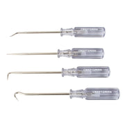 Photo of Craftsman CMHT65048 set of four metal pick tools with clear handles, side angle on white background.