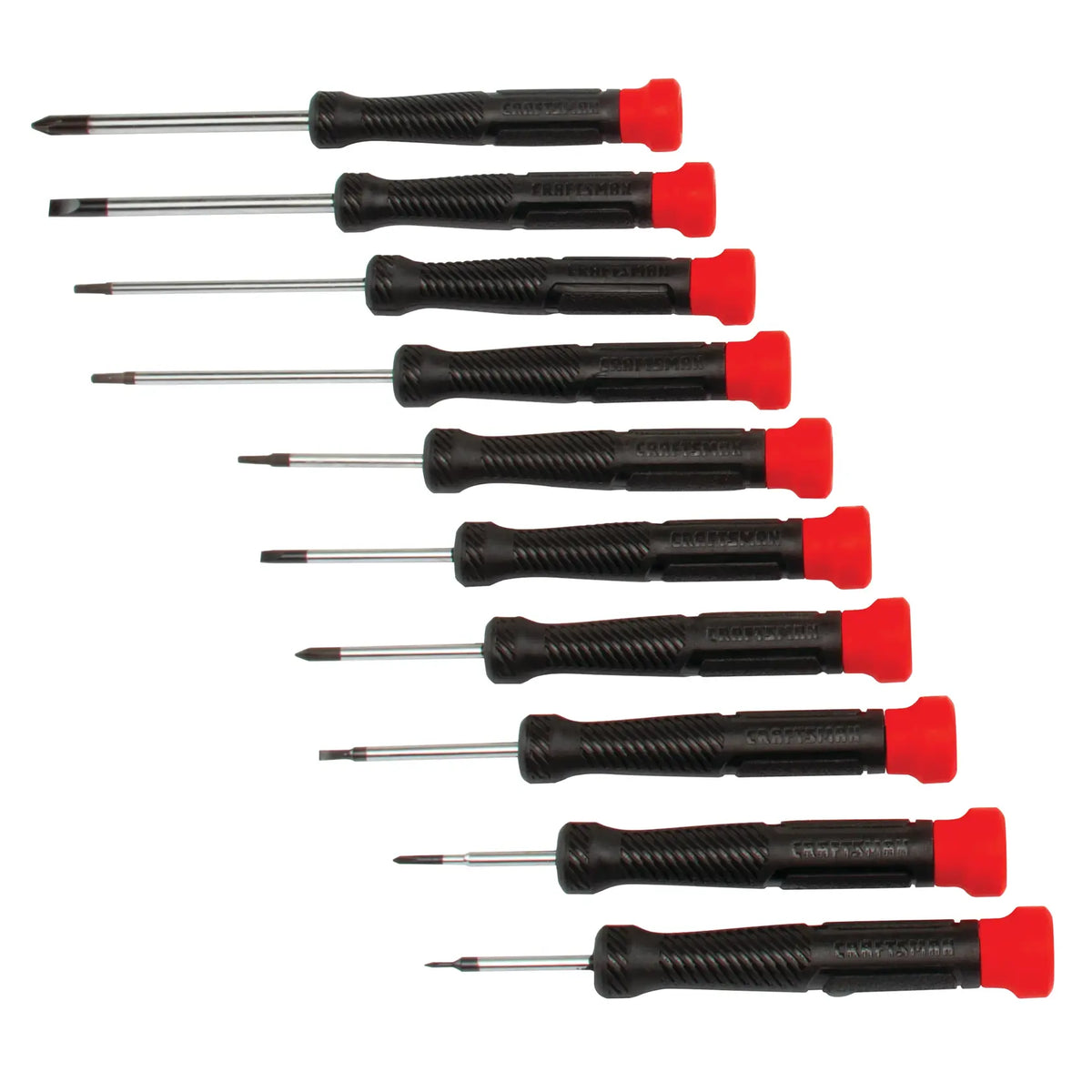 Photo of Craftsman CMHT65070 precision screwdriver set, 12 pieces with black handles and red tips, flat lay.