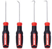 Photo of CRAFTSMAN CMHT65073 four-piece pick and hook set with black and red ergonomic handles, front view, white background.
