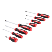 Photo of Craftsman CMHT65131 screwdriver set, black and red handles, flat and Phillips tips, side angle.
