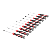 Craftsman precision screwdriver set CMHT65140, nine red and black screwdrivers, angled on white background.