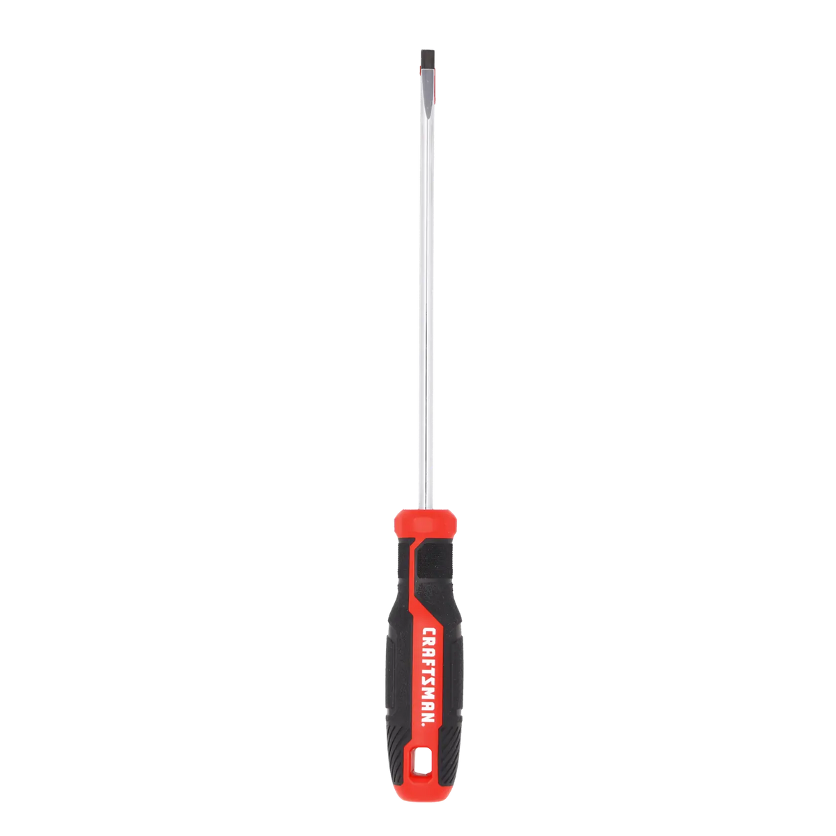 Photo of Craftsman flathead screwdriver CMHT65162 with red and black handle, front angle on white background.