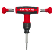A CRAFTSMAN brand ratcheting T-handle screwdriver with interchangeable bits, including two detachable bit holders on either side, all in a red and black color scheme.
