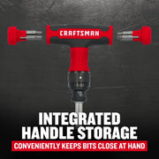 Craftsman graphics screwdriver with integrated handle storage, model CMHT68135, front angle, red and black.