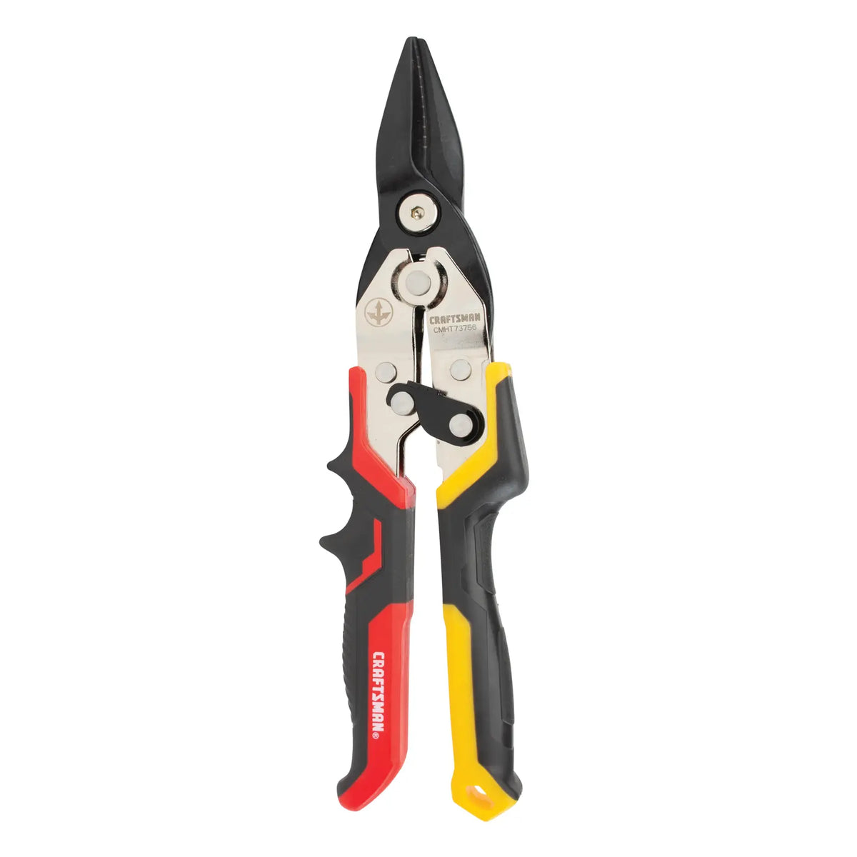 Photo of Craftsman CMHT73756 straight cut aviation snips with red and yellow handle, front view.