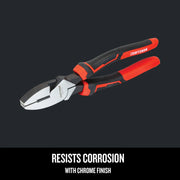 CRAFTSMAN CMHT81649 graphics of red and black chrome finish pliers shown angled left on black background.