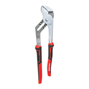 Craftsman CMHT81721 tongue and groove pliers with black and red ergonomic handles, front angle on white.