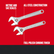 Photo of two Craftsman adjustable wrenches CMMT12002 with metric and SAE scales, all-steel construction, chrome finish.