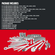Photo of CRAFTSMAN socket and wrench set CMMT12020, chrome tools laid out on white background, product assortment visible.