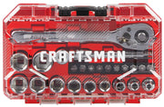 A clear plastic and red tool case containing a Craftsman branded socket set, including a ratchet wrench, sockets of various sizes, and bits arranged neatly inside.