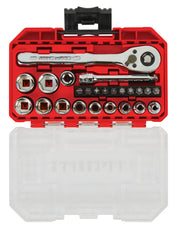 A red plastic tool case with a transparent lid, containing a ratchet wrench, various sockets, screwdriver bits, and accessories organized neatly inside.