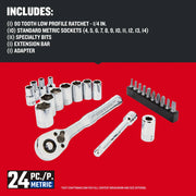 Photo of Craftsman 24-piece metric socket and ratchet set, SKU CMMT12110LZ, with sockets, bits, adapter, extension bar.