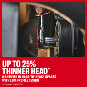 CRAFTSMAN ratchet with thinner head fits tight spaces, shown in use near a car part. Red border, text highlights feature.