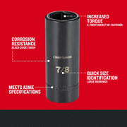 Craftsman 7/8-inch black oxide 6-point socket, SKU CMMT16063, shown upright with labeled features.