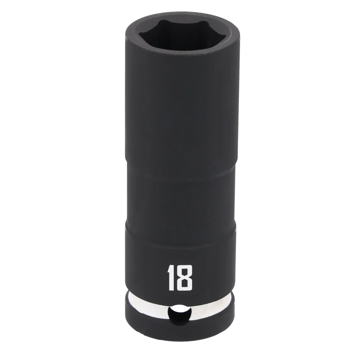 A black, cylindrical deep socket tool with the number 18 printed on it, designed for use with a socket wrench.