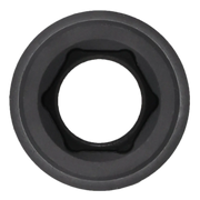 Close-up image of a dark-colored socket tool, viewed from above, showing the hexagonal opening in the center.