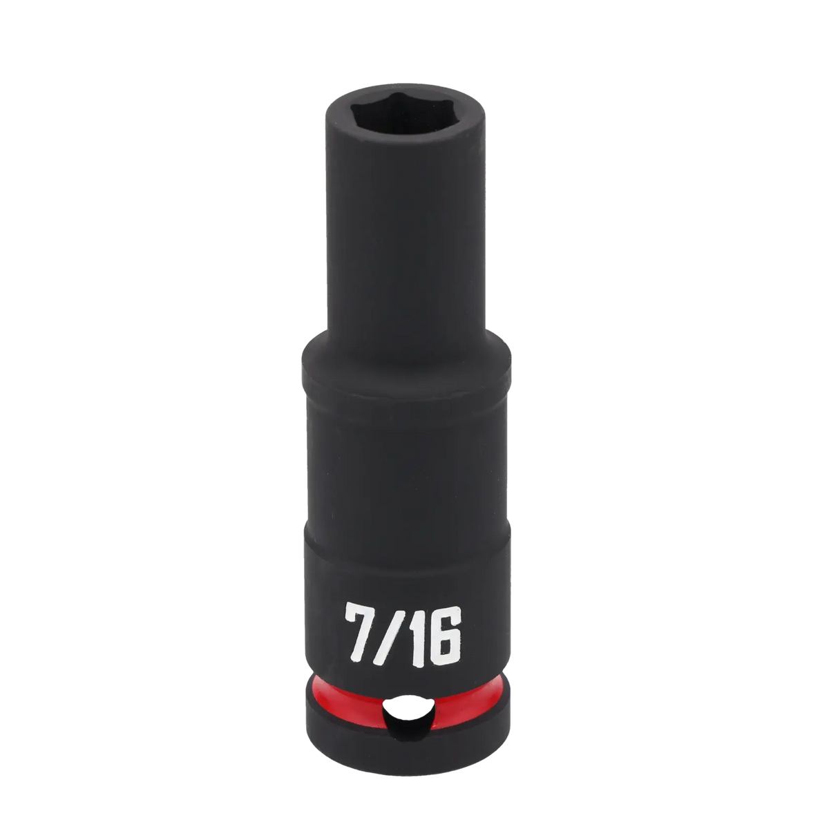 A close-up image of a black Craftsman deep socket with '7/16' marked in white text. The socket features a red ring near the base.