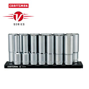 Photo of CRAFTSMAN chrome socket set on black tray, V Series logo, SKU CMMT17395V, front angle.