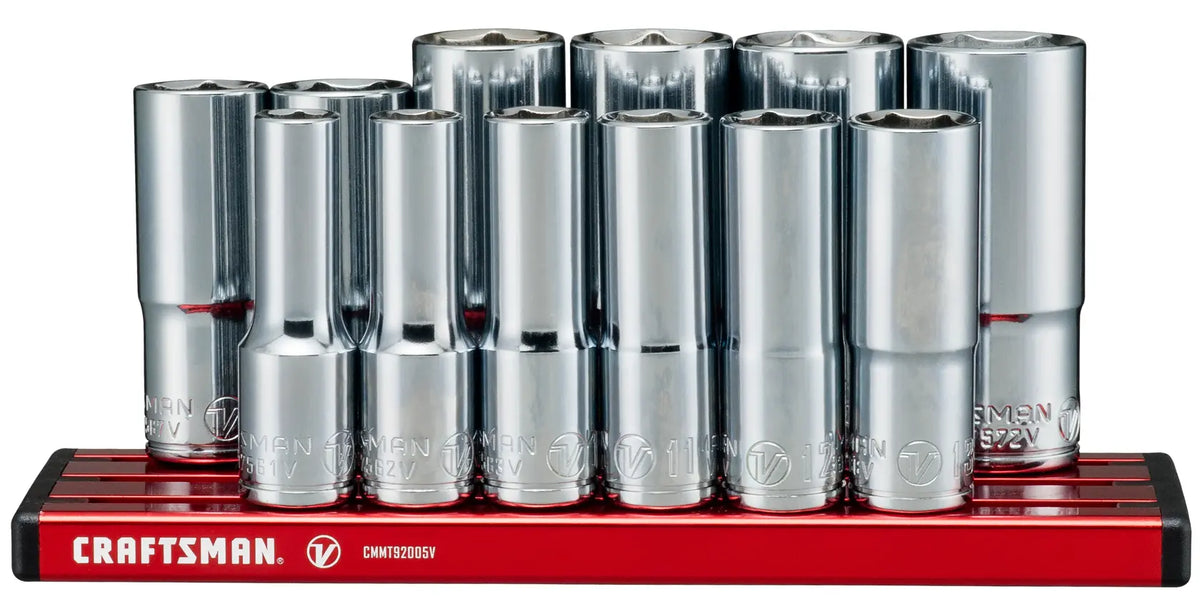 Front angle photo of Craftsman socket set CMMT17560V with chrome sockets on red holder.