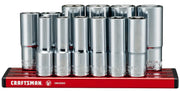Front angle photo of Craftsman socket set CMMT17560V with chrome sockets on red holder.