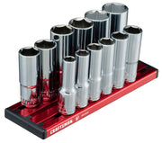 Photo of Craftsman socket set on red tray, SKU CMMT17560V, front angle, chrome finish.