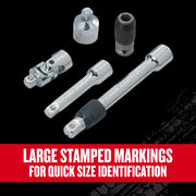 Craftsman socket accessory set CMMT17799V, chrome and black pieces, straight-on angle.