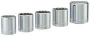 Photo of Craftsman chrome socket set, SKU CMMT34572, five sockets on white background, front angle.