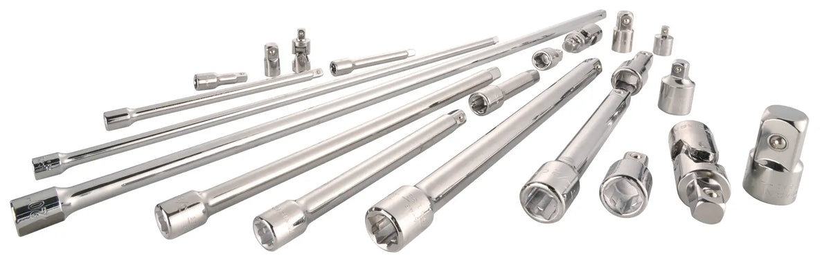 Photo of CRAFTSMAN CMMT42283 chrome extension bar set with multiple drive sizes, displayed on white background.