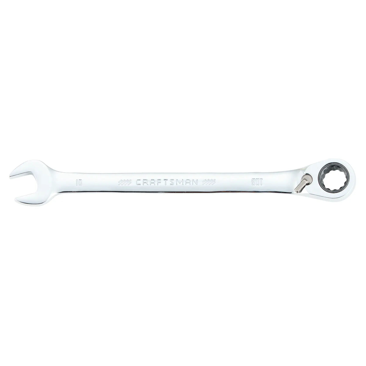 Craftsman CMMT42421 10mm ratcheting combination wrench, chrome finish, front angle, white background.