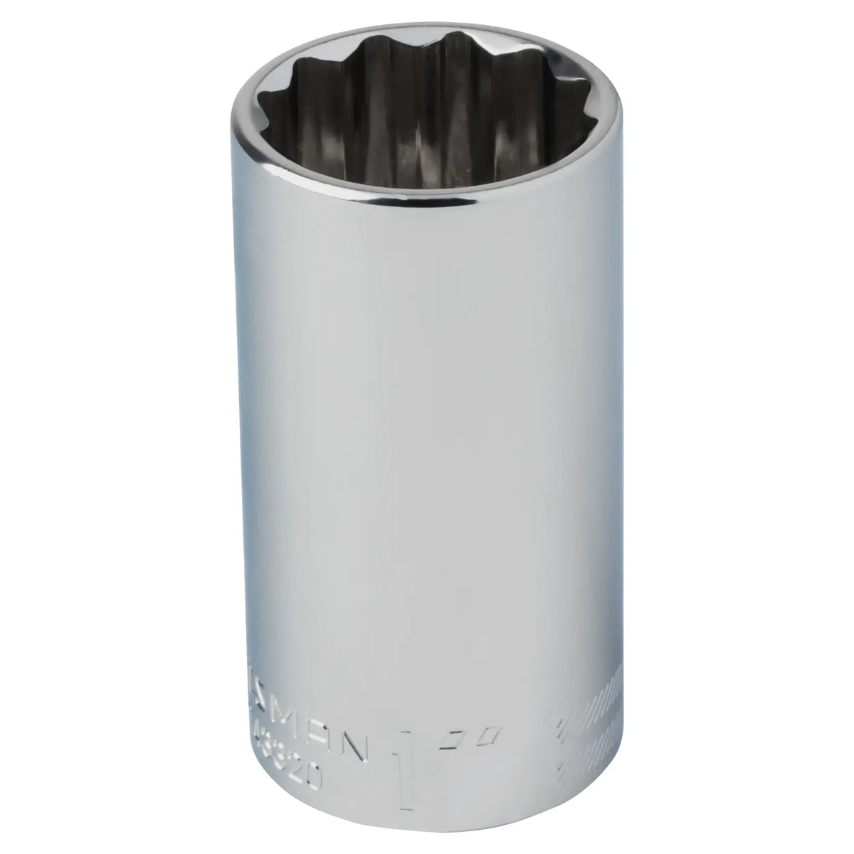 Photo of Craftsman chrome deep socket, model CMMT43320, with twelve-point opening, shown on a white background.