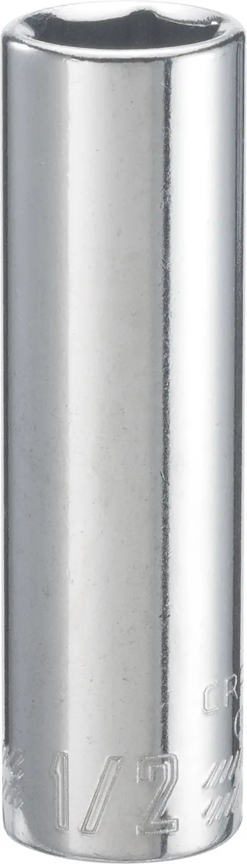Photo of Craftsman CMMT43332 chrome deep socket, 1/2 inch, shown upright on white background.