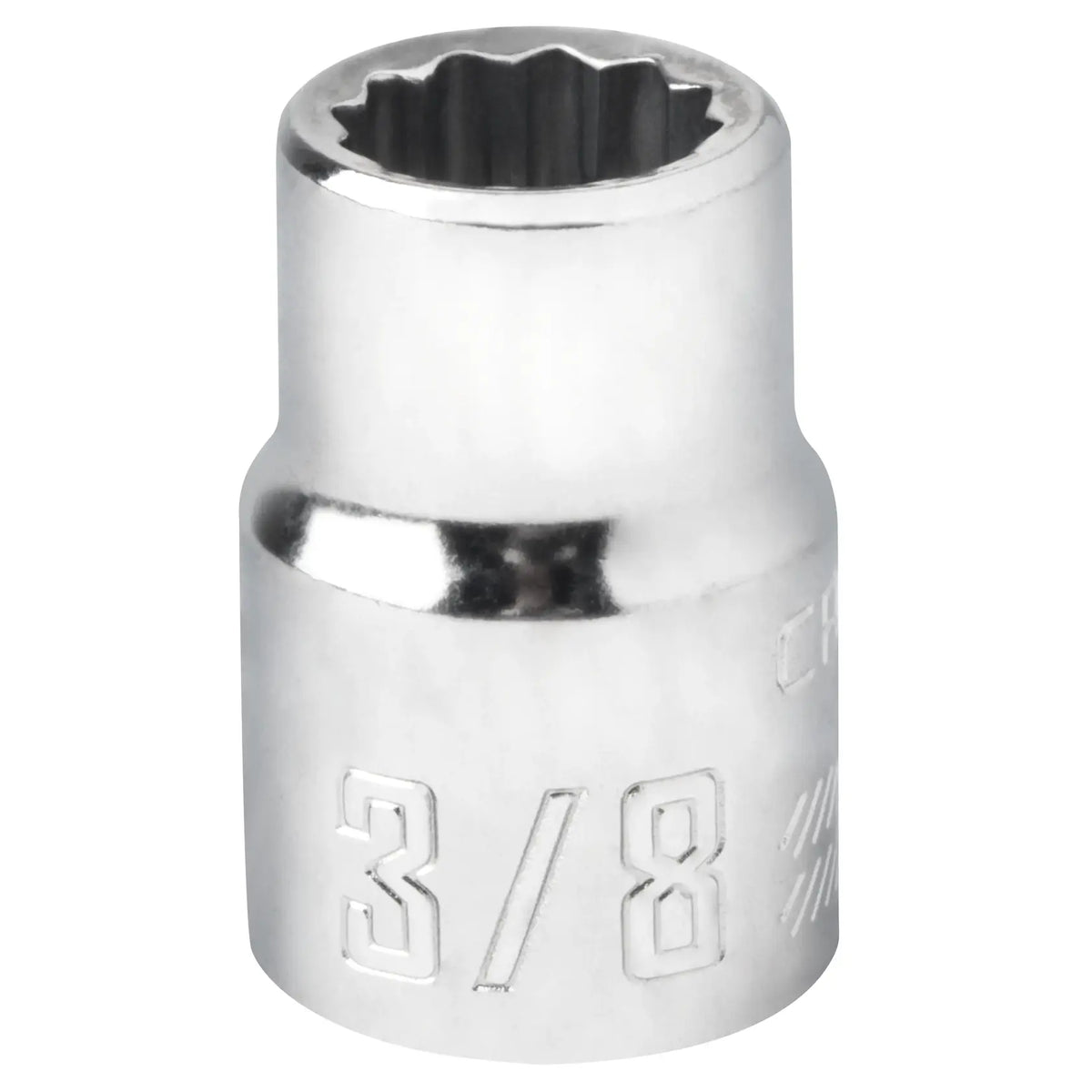 CRAFTSMAN CMMT44331 chrome 3/8 inch drive socket, front angle on white background.