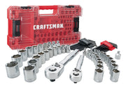 Photo of Craftsman socket and wrench set CMMT45071 with red case, ratchets, sockets, and hex keys, front angle.
