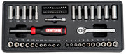 Photo of Craftsman socket and ratchet tool set CMMT45104 with screwdriver and bits, top view on white background.