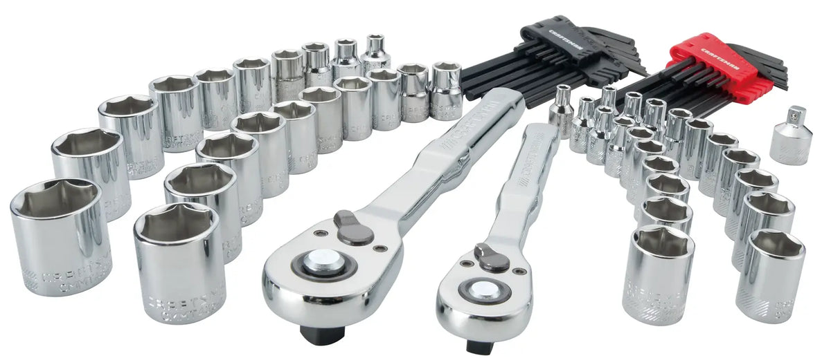 CRAFTSMAN CMMT45171 chrome socket and ratchet set with hex key sets, front angle photo.