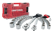 A Craftsman socket and ratchet set with a red carrying case. The set includes multiple socket sizes, two ratchet handles, hex keys, and an adapter, all displayed in front of the case.