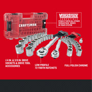 Front angle photo of Craftsman socket and ratchet set with chrome sockets, drive tool accessories, and red Versastack case, CMMT45171.