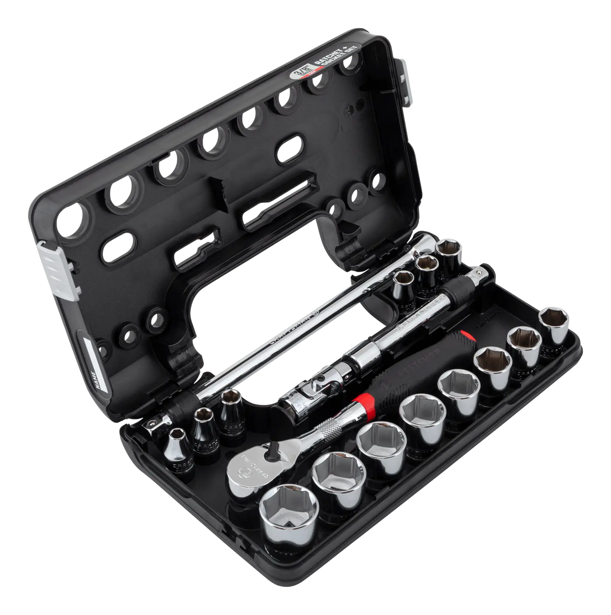 Photo of CRAFTSMAN socket and ratchet set in black case, angled view, SKU CMMT45752V.