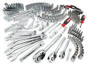 Photo of CRAFTSMAN mechanic tool set with wrenches, ratchets, sockets, and bits, SKU CMMT45938, angled view.