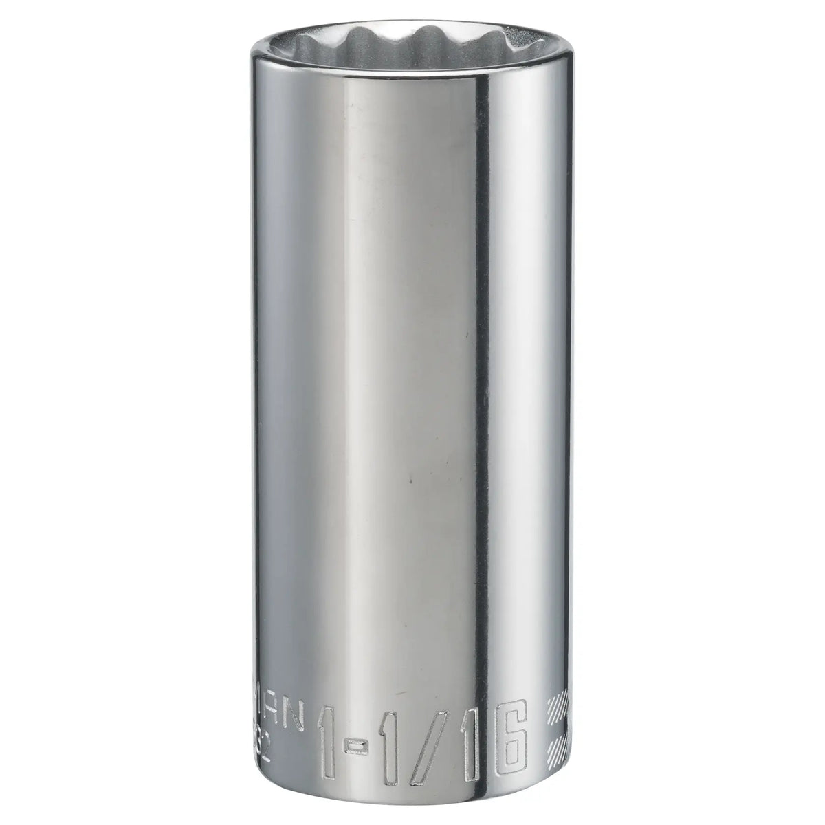 Photo of Craftsman chrome deep socket, 1-1/16 inch size, SKU CMMT47532, front angle on white background.