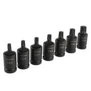 Photo of seven black Craftsman Torx bit sockets, models T40 to T70, SKU CMMT50839, on white background.