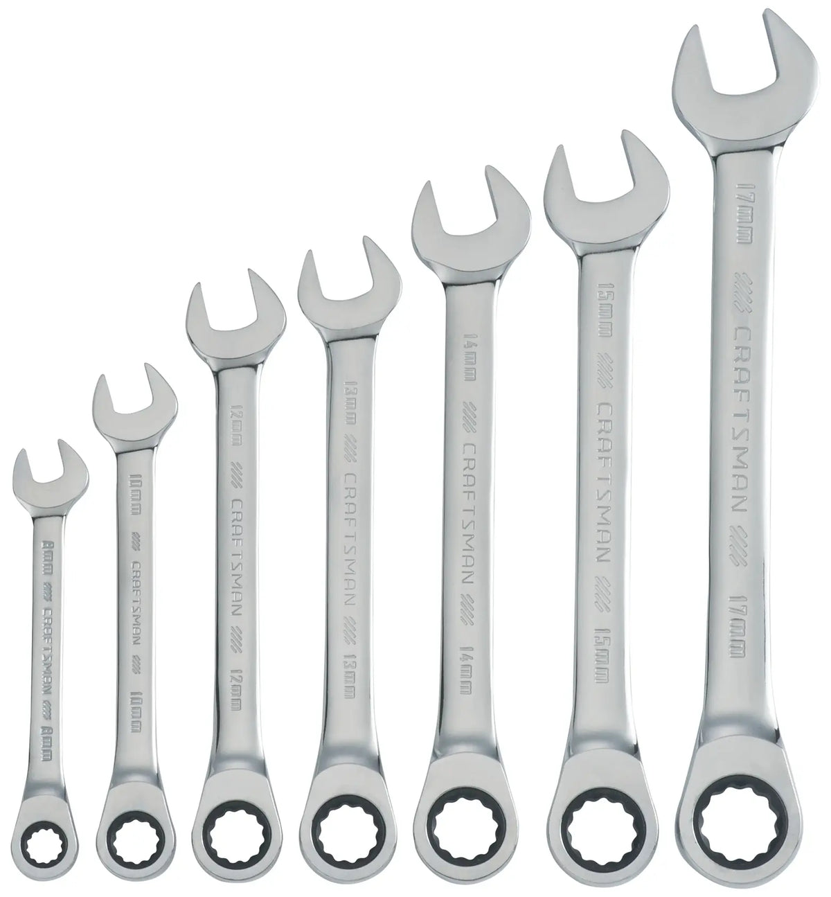 Photo of Craftsman CMMT87019 ratcheting wrench set, seven silver wrenches arranged left to right, front angle.