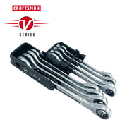 Craftsman V Series ratcheting wrench set in black holder, chrome finish, SKU CMMT87350V, angled on white background.