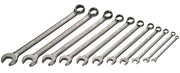 A set of eleven metal combination wrenches arranged in descending order of size. Each wrench has an open-end and a box-end, and they are labeled with sizes. The wrenches are placed side by side on a white background.