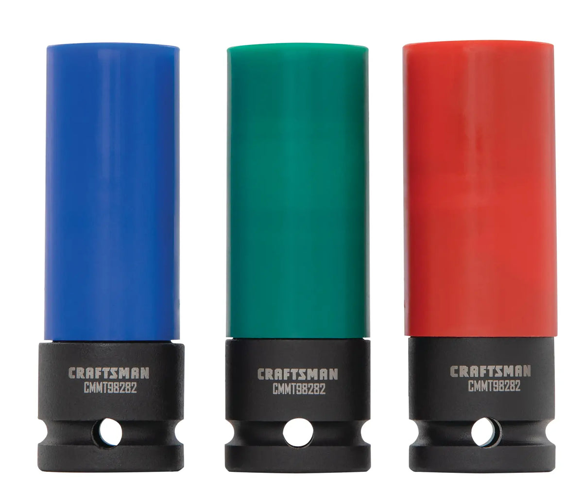 Photo of three CRAFTSMAN CMMT98282 socket covers in blue, green, and red, shown upright on white background.