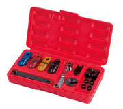 Craftsman CMMT98370 automotive tool kit in red case, various colored fittings and wrenches, front angle photo.