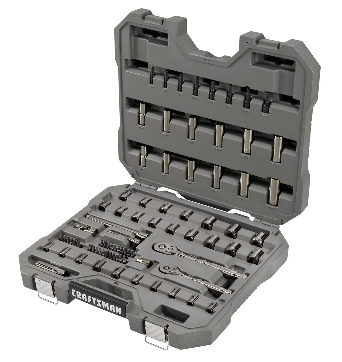 A gray plastic carrying case containing a variety of metal socket wrenches, bits, and ratchets organized in molded compartments. The case is open to show the tool set, which includes different sizes and types of sockets and attachments for mechanical and automotive work. The brand name 'Craftsman' is visible on the front of the case.