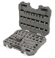 A gray plastic carrying case containing a variety of metal socket wrenches, bits, and ratchets organized in molded compartments. The case is open to show the tool set, which includes different sizes and types of sockets and attachments for mechanical and automotive work. The brand name 'Craftsman' is visible on the front of the case.